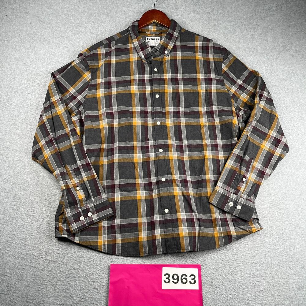Express Classic Soft Wash Gray Colorful Plaid Shirt Button Up Long Sleeve 2XL
